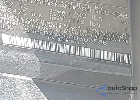 2012 Hyundai Sonata Gls z USA, uszkodzony, nr VIN 5NPEB4AC6CH503586